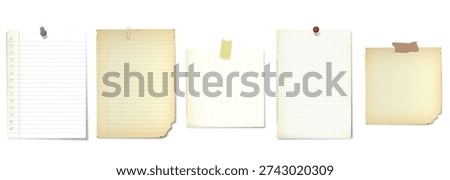 Various old blank papers with stains effect stick by pins, paper clip or adhesive tape isolated graphic illustration.