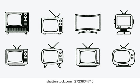 Vários televisores antigos e modernos em desenhos de linha simples