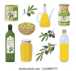 Conjunto de dibujos animados de diversos productos de oliva. Aceitunas en latas de lata y jarras de vidrio, aceite de oliva virgen extra sobre fondo blanco. Comida orgánica, concepto de despensa doméstica