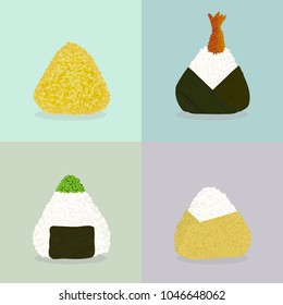 Various onigiri. Sticky rice balls. Japanese cuisine. Illustration. Lunch. Colored by turmeric. Shrimp Stuffed Onigiri. Topped with tobiko roe. Wrapped with omelette. Can be used as seamless pattern.