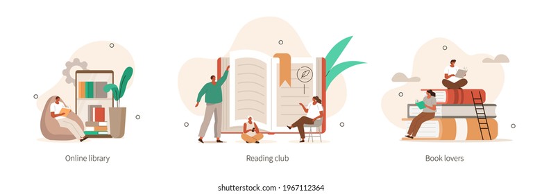 Various Online Education, Knowledge and Library Icons. People Characters Reading Books. Girls and Boys  with Open Books in Hands  Studying in Library. Flat Cartoon Vector Illustration.