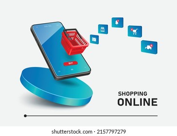 Various online shopping icons float from the red shopping basket above the smartphone. and all floating on a blue round podium,vector 3d isolated on white background for shopping online advertising