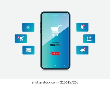 Various online shopping icons pop up around the smartphone with a blue screen,vector 3d isolated on white background for shopping online advertising concept design