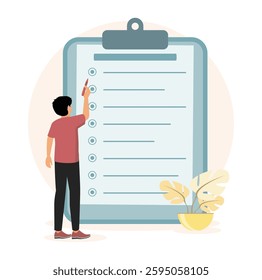  Various Online Survey and Rating concept. Putting Check Marks on Checklist. Men Filling Survey Form, putting Check Marks on Checklist. Flat vector modern illustration 