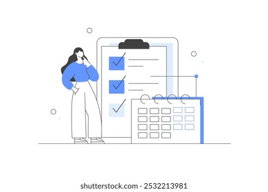 Various Online Survey and Rating Icon. Filling Survey Form, putting Check Marks on Checklist. User Experiences Concept. Flat Cartoon Vector Illustration. Minimalist line, abstract