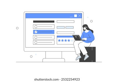 Ícone de várias pesquisas e classificações on-line. Formulário de pesquisa de preenchimento de caracteres, colocando marcas de verificação na lista de verificação e dando feedback de estrelas. Ilustração plana do vetor do desenho animado. Linha minimalista, abstrata