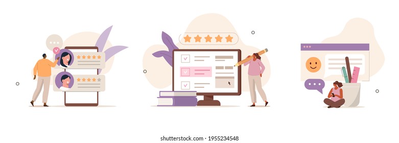 Various Online Survey and Rating Icons. Characters Filling Survey Form,  giving Five Star Feedback and Writing Comments. User Experiences Concept. Flat Cartoon Vector Illustration.