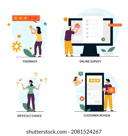 Various Online Survey and Rating Icons set Young characters give feedback and make difficult choices. Satisfied customers or users. Cartoon flat vector collection isolated on a white background