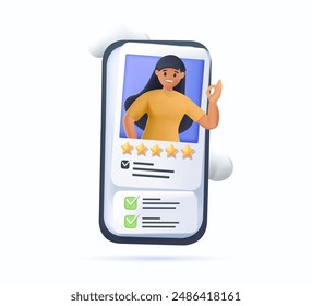 Varios iconos de Encuesta y clasificación en línea, 3D. Personajes Rellenando formulario de Encuesta, poniendo marcas de verificación en lista de verificación y dando Comentarios de cinco estrellas. Concepto de experiencias de usuario. Ilustración vectorial de dibujos animados 3D