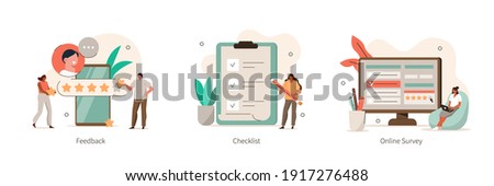 Various Online Survey and Rating Icons. Characters Filling Survey Form, putting Check Marks on Checklist and giving Five Star Feedback. User Experiences  Concept. Flat Cartoon Vector Illustration.