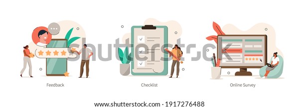 Various Online Survey and Rating Icons.\
Characters Filling Survey Form, putting Check Marks on Checklist\
and giving Five Star Feedback. User Experiences  Concept. Flat\
Cartoon Vector\
Illustration.