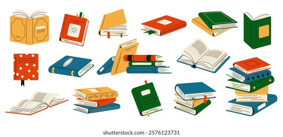 Various open and closed books flat color vector objects set. Reading materials for education and leisure illustrations bundle on white