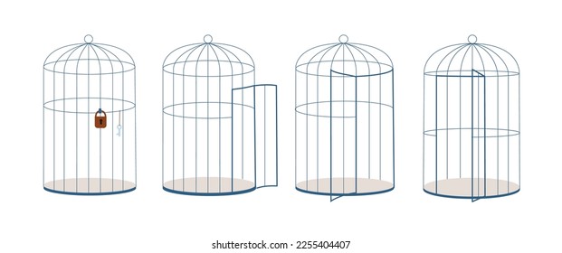 Various open and closed cages, with lock and key. Lined cage for animal or birds. Restriction of freedom and rights vector metaphor elements