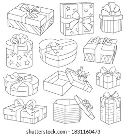 Various, open and closed, round, square Gift boxes with beautiful bows set. Holiday packaging. Coloring page, black and white, line art, print and color, favorite holidays