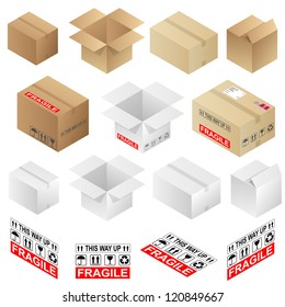 Various open and closed shipping cardboard boxes and warning marks