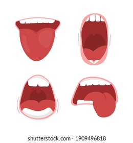 Various open mouth options with lips, tongue and teeth. Smile with teeth, tongue sticking out, surprised. Funny cartoon mouths set with different expressions. Cartoon vector illustration, eps 10. 