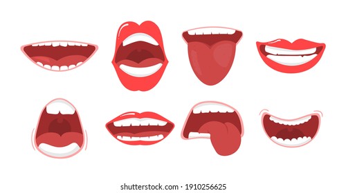 Various open mouth options with lips, tongue and teeth. Smile with teeth, tongue sticking out, surprised. Funny cartoon mouths set with different expressions. Cartoon vector illustration, eps 10. 