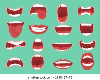 Various open mouth options with lips, tongue and teeth. Smile with teeth, tongue sticking out, surprised. Funny cartoon mouths set with different expressions. Cartoon vector illustration, eps 10. 