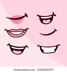 Various open mouth options with lips, tongue and teeth. Smile with teeth, tongue sticking out, surprised. Funny cartoon mouths set with different expressions. Cartoon vector