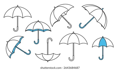 Various Open Umbrellas and Closed Umbrellas Sketching Simple Outlines on an Isolated White Background