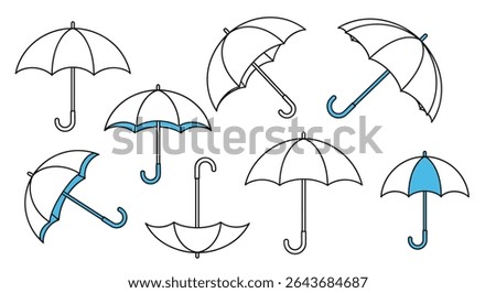 Various Open Umbrellas and Closed Umbrellas Sketching Simple Outlines on an Isolated White Background