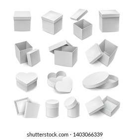 Various opened and closed cardboard boxes mockup. Big set of white containers in square, round and love heart shapes. Realistic boxes isolated on white background. Packaging case vector illustration.