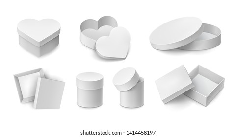 Various opened and closed cardboard boxes mockup. White containers in square, round and love heart shapes. Realistic paper boxes isolated on white background. Blank packaging case vector illustration.