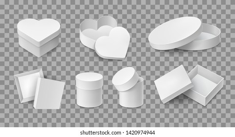 Various opened and closed packaging cardboard boxes. White containers in square, round and love heart shapes. Realistic paper boxes mockup on transparent background. Packaging case vector illustration