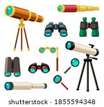Various optical instruments set. Stylish gold plated retro monocle antique and modern telescope astronomy observing stars retractable spyglass binoculars magnifier viewing text. Vector cartoon see.