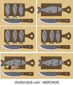 Various options for the location of fish on a cutting board