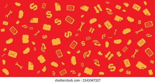 Various Orange Finance, IT or Technology Symbols, Icons Pattern of Various Sizes and Orientation on Wide Scale Red Background - Design Template in Editable Vector Format