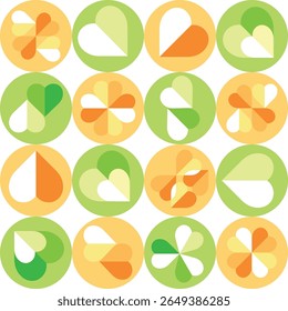 Círculo de varios colores naranja y verde lima con el corazón dentro del patrón sin fisuras.