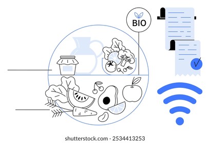 Varios alimentos orgánicos como verduras, frutas y productos lácteos están rodeados por un Comprobante de compras digital y un símbolo inalámbrico. Ideal para la compra de comestibles alimentos orgánicos tecnología digital