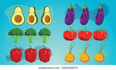 Various organic vegetable cartoon characters vector set, different angles. Avacado, Eggplant, Broccoli, Tomato, Pepper and Onion character ready to use im illustrations	