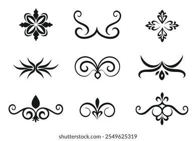 Various ornamental designs in black and white, presented as a cohesive set of intricate and decorative patterns flat vector illustration.