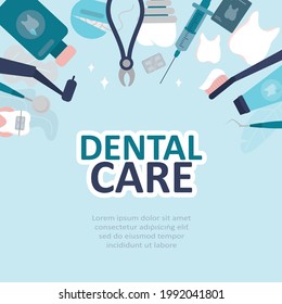 Various orthodontic and dental instruments. Different tools for maintaining oral hygiene. Dental care and stomatology. Equipment for dentists. Web banner template. Trendy flat vector illustration