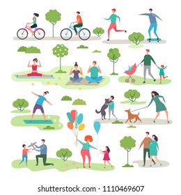 Various outdoor activities in the urban park. Group of walking peoples. Illustration of recreation jogging with dog, exercise fitness outdoor