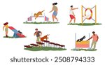 Various Outdoor Dog Training And Agility Activities. Featuring People Characters Training Their Dogs Through Different Obstacle Courses, Promoting Pet Fitness And Bonding. Cartoon Vector Illustration