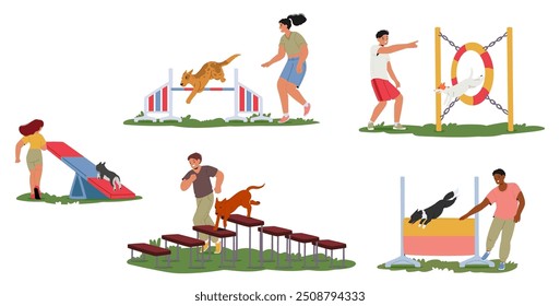 Verschiedene Outdoor-Hundetraining und Agilität Aktivitäten. Mit Menschen Charaktere trainieren ihre Hunde durch verschiedene Hinderniskurse, Förderung der Fitness und Bindung von Haustieren. Cartoon-Vektorgrafik