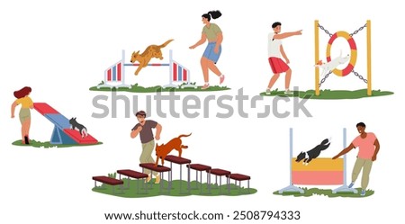 Various Outdoor Dog Training And Agility Activities. Featuring People Characters Training Their Dogs Through Different Obstacle Courses, Promoting Pet Fitness And Bonding. Cartoon Vector Illustration