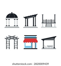 Various outdoor structures and canopies providing shade and shelter, including gazebos and pergolas