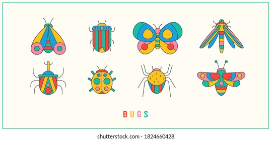 Various Outline Bugs, Butterfly, Moth. Different insects. Minimalistic scandinavian colorful Icons. Simple geometric design. Trendy Vector illustrations for kids. All elements are isolated