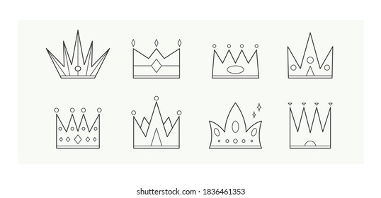 Various Outline Crowns. Minimalistic Icons. Elegant thin line simple geometric design. Trendy Vector illustration. Royal, luxury concept. All elements are isolated. Logo templates