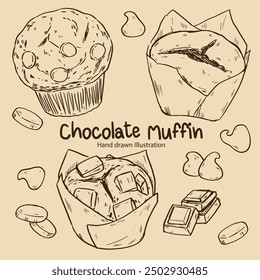 Various Outline Drawing Chocolate Muffin Illustration