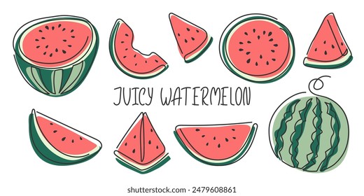 Various Outline drawn sweet fresh watermelon. Summer seasonal tasty fruit berry. Healthy natural organic diet refreshment food. Doodle abstract illustration