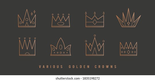 Various Outline Gold Crowns. Golden gradient. Minimalistic Icons. Elegant thin line simple geometric design. Trendy Vector illustration. Royal, luxury concept. All elements are isolated. Logo template