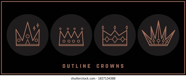 Various Outline Golden Crowns. Minimalistic Icons. Elegant simple geometric design. Trendy Vector illustration. Royal, luxury concept. All elements are isolated. Logo templates