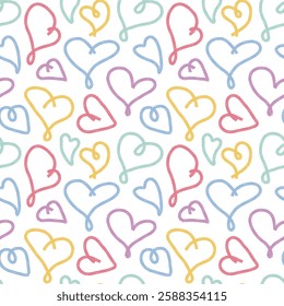 Various outline heart shapes with pencil crayon texture Seamless pattern. Cute colorful Child drawings Background. Great for fabric print, wallpaper, kids design, cover, packaging, wrapping, scrapbook