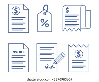 Various outline of invoices vector illustrations set. Thin linear icons of financial documents, contracts, payment bills, checks on white background. Business, partnership, finance, commerce concept