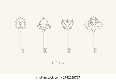 Various Outline Keys. Vintage, Retro style. Minimalistic icons. Graphic Vector set. Elegant geometric design. Trendy illustration. Every Key is isolated on white background